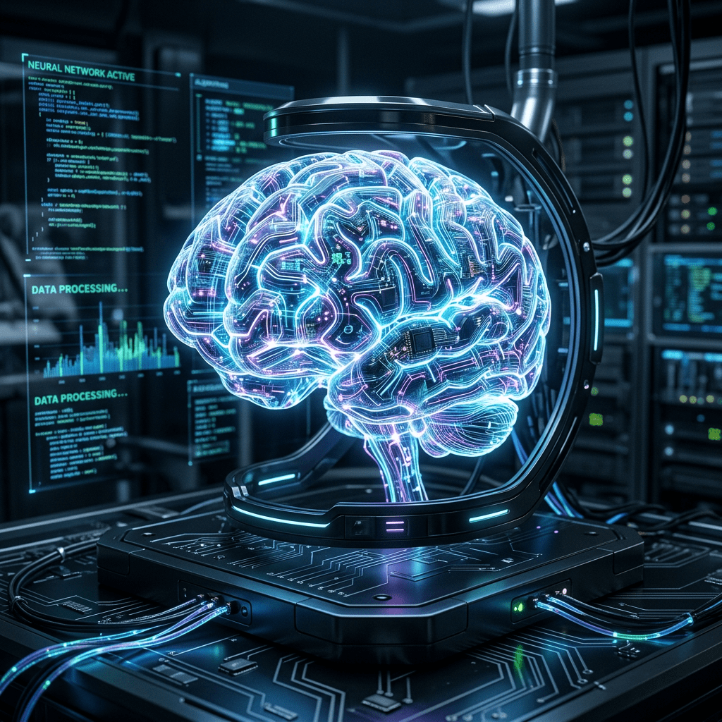 Holographic digital brain model connected to futuristic computer hardware