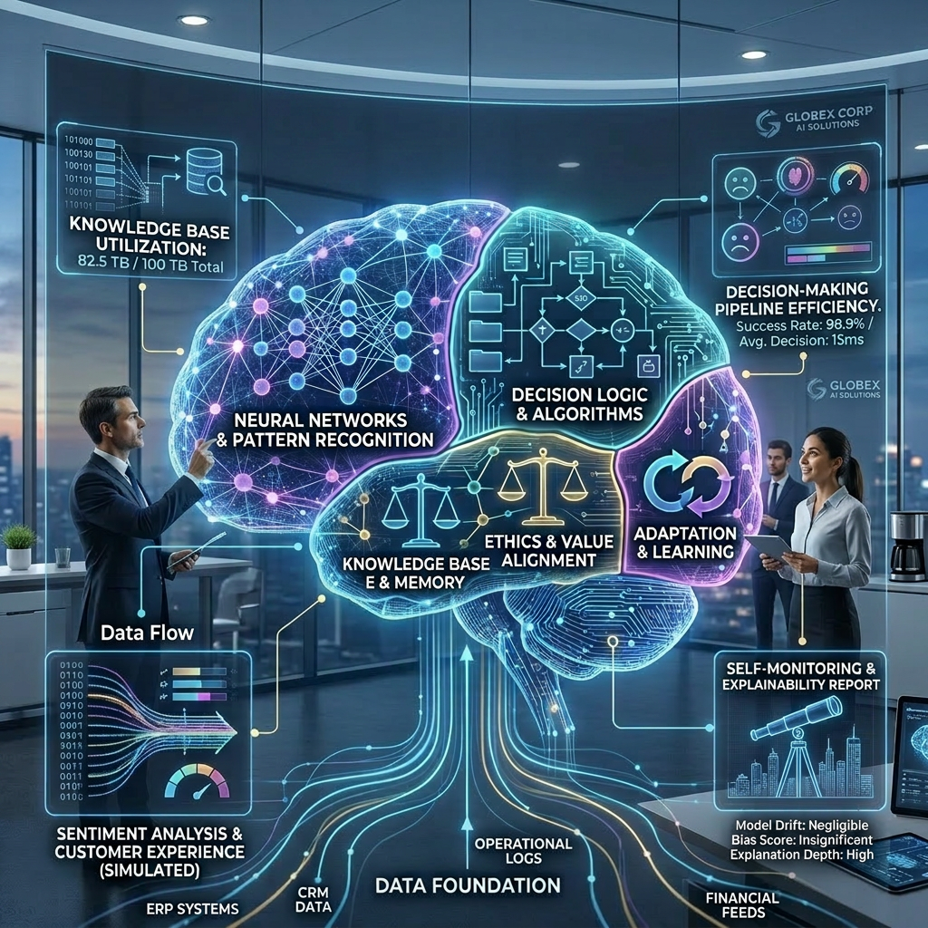 AI dashboard showing neural networks, decision logic, ethics alignment, and data flow in brain diagram